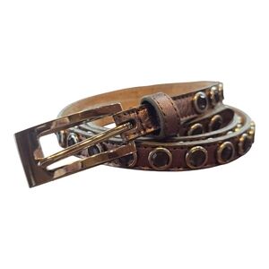 Italian Metallic Bronze Glass Silvertone Studded Skinny Leather Belt L